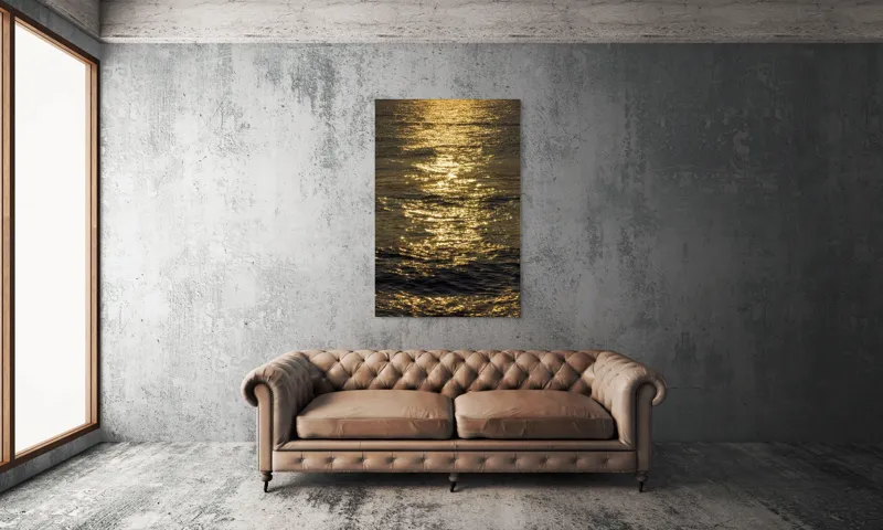 Tablou Canvas, "Strălucirea soarelui pe apă liniștită", Aur, Reflexie, Ocean, Apus, Scânteiere, Calm, Încântare, Valuri, 100 x 150 cm – poza 6