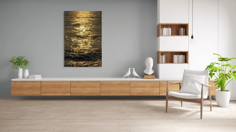 Tablou Canvas, "Strălucirea soarelui pe apă liniștită", Aur, Reflexie, Ocean, Apus, Scânteiere, Calm, Încântare, Valuri, 100 x 150 cm – poza 8