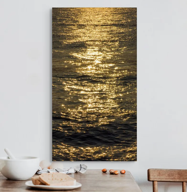 Tablou Canvas, "Strălucirea soarelui pe apă liniștită", Aur, Reflexie, Ocean, Apus, Scânteiere, Calm, Încântare, Valuri, 50 x 90 cm – poza 3