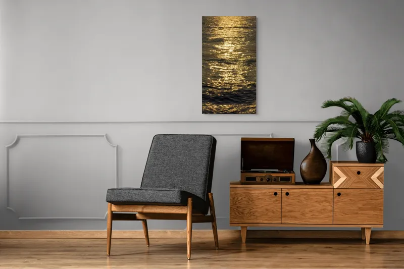 Tablou Canvas, "Strălucirea soarelui pe apă liniștită", Aur, Reflexie, Ocean, Apus, Scânteiere, Calm, Încântare, Valuri, 50 x 90 cm – poza 8