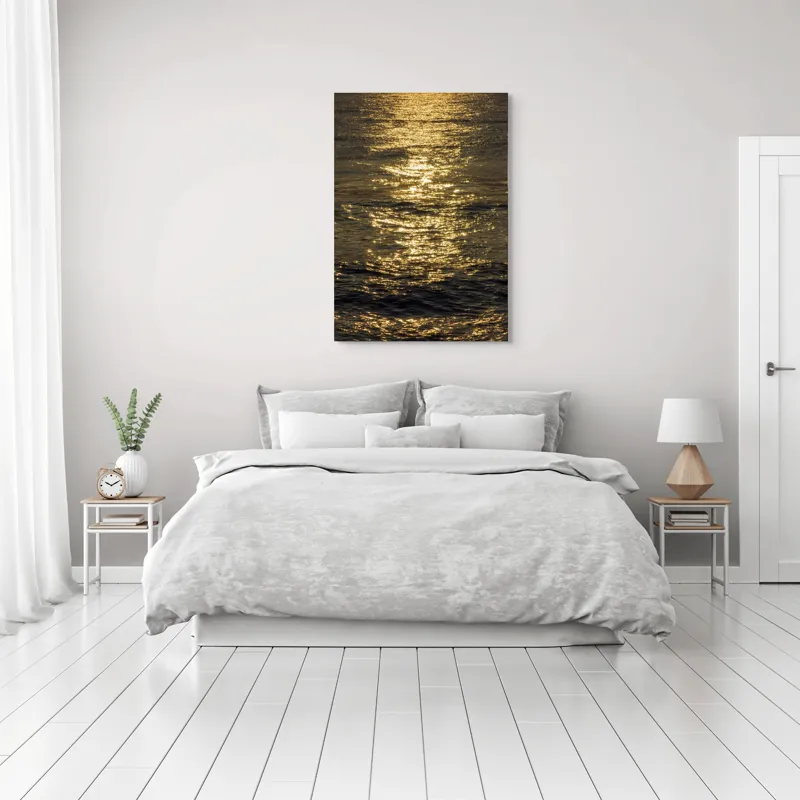 Tablou Canvas, "Strălucirea soarelui pe apă liniștită", Aur, Reflexie, Ocean, Apus, Scânteiere, Calm, Încântare, Valuri, 70 x 100 cm – poza 3