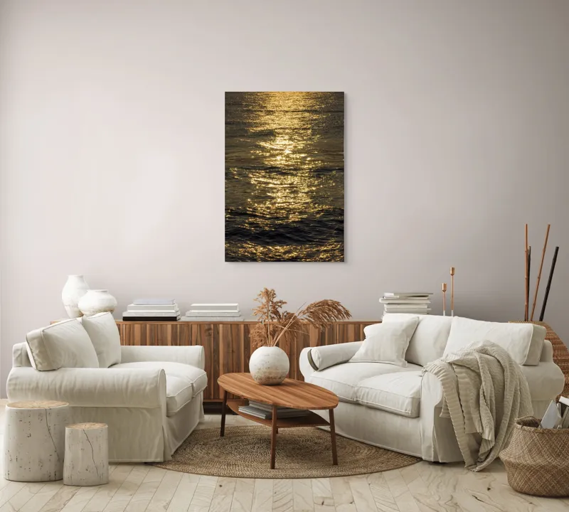 Tablou Canvas, "Strălucirea soarelui pe apă liniștită", Aur, Reflexie, Ocean, Apus, Scânteiere, Calm, Încântare, Valuri, 70 x 100 cm – poza 4