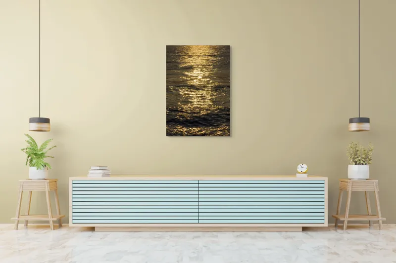Tablou Canvas, "Strălucirea soarelui pe apă liniștită", Aur, Reflexie, Ocean, Apus, Scânteiere, Calm, Încântare, Valuri, 70 x 100 cm – poza 5
