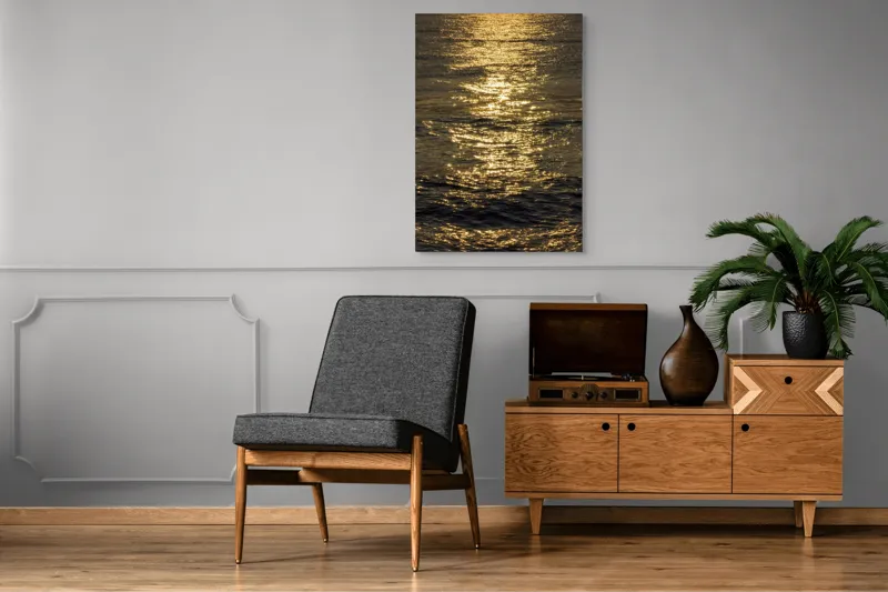 Tablou Canvas, "Strălucirea soarelui pe apă liniștită", Aur, Reflexie, Ocean, Apus, Scânteiere, Calm, Încântare, Valuri, 70 x 100 cm – poza 6