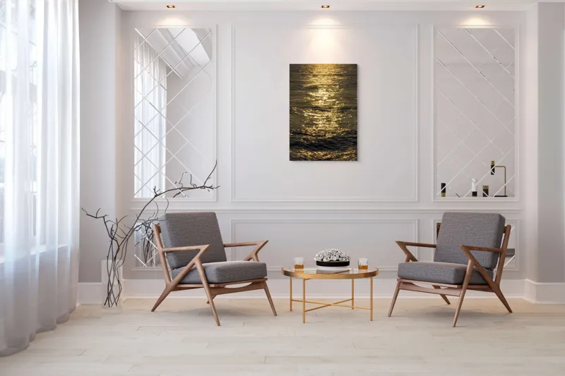 Tablou Canvas, "Strălucirea soarelui pe apă liniștită", Aur, Reflexie, Ocean, Apus, Scânteiere, Calm, Încântare, Valuri, 70 x 100 cm – poza 8