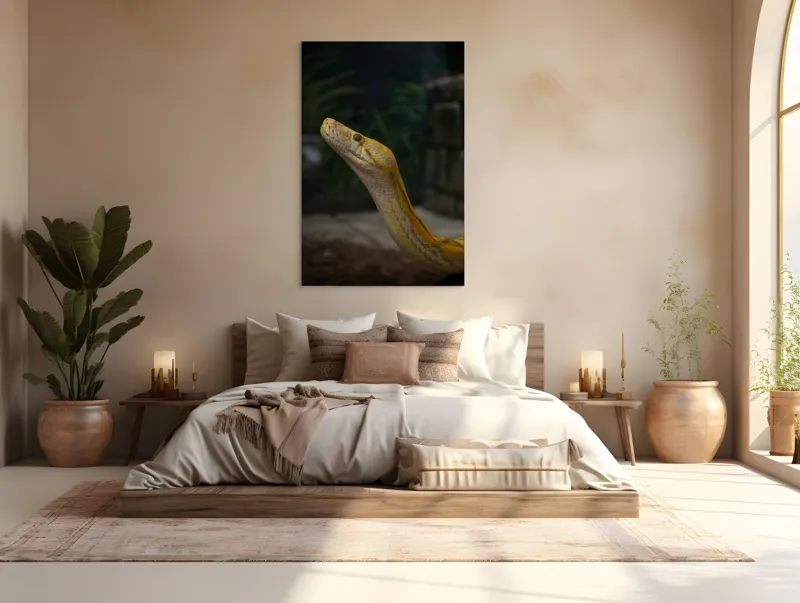 Tablou Canvas, "Șarpele regal în lumina serii", Șarpe, Galben, Lucios, Solzi, Privire, Misterios, Exotic, Silențios., 100 x 150 cm – poza 3