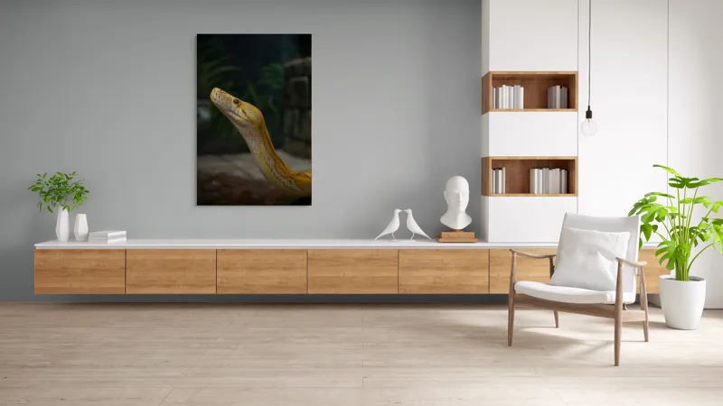 Tablou Canvas, "Șarpele regal în lumina serii", Șarpe, Galben, Lucios, Solzi, Privire, Misterios, Exotic, Silențios., 100 x 150 cm – poza 8
