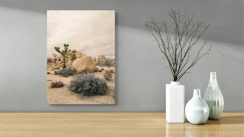 Tablou Canvas, "Singurătatea deșertului infinit al amintirilor", Deșert, Stânci, Cactuși, Cer, Nisip, Arbuști, Natură, Peisaj, 39 x 54 cm – poza 4
