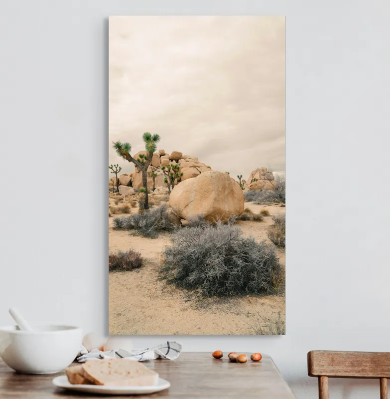 Tablou Canvas, "Singurătatea deșertului infinit al amintirilor", Deșert, Stânci, Cactuși, Cer, Nisip, Arbuști, Natură, Peisaj, 50 x 90 cm – poza 3