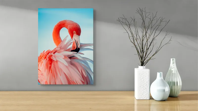 Tablou Canvas, "Flamingo în oglinda apei albastre", Roz, Elegant, Delicat, Grațios, Strălucitor, Natură, Frumusețe, Contrast, Vibrant, Pene, Serenitate, 39 x 54 cm – poza 4
