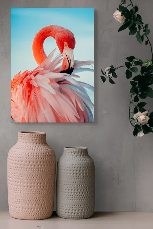 Tablou Canvas, "Flamingo în oglinda apei albastre", Roz, Elegant, Delicat, Grațios, Strălucitor, Natură, Frumusețe, Contrast, Vibrant, Pene, Serenitate, 39 x 54 cm – poza 6