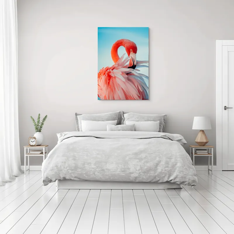 Tablou Canvas, "Flamingo în oglinda apei albastre", Roz, Elegant, Delicat, Grațios, Strălucitor, Natură, Frumusețe, Contrast, Vibrant, Pene, Serenitate, 70 x 100 cm – poza 3