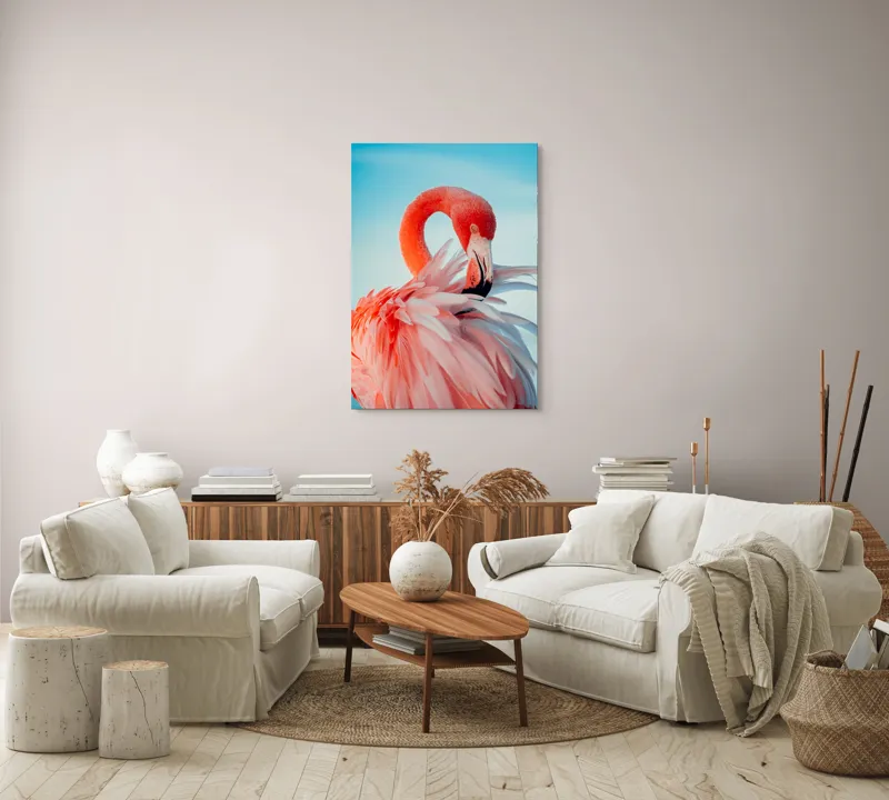 Tablou Canvas, "Flamingo în oglinda apei albastre", Roz, Elegant, Delicat, Grațios, Strălucitor, Natură, Frumusețe, Contrast, Vibrant, Pene, Serenitate, 70 x 100 cm – poza 4