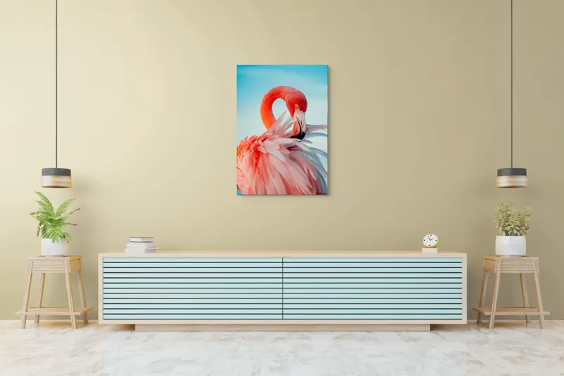Tablou Canvas, "Flamingo în oglinda apei albastre", Roz, Elegant, Delicat, Grațios, Strălucitor, Natură, Frumusețe, Contrast, Vibrant, Pene, Serenitate, 70 x 100 cm – poza 5