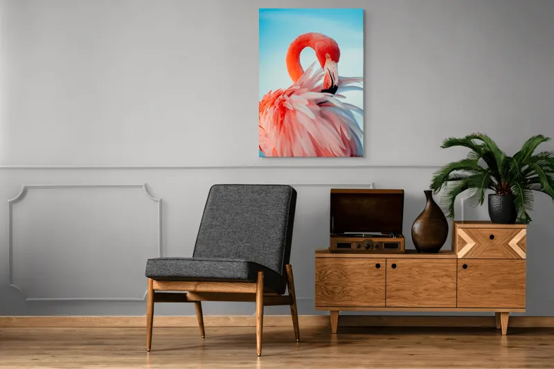 Tablou Canvas, "Flamingo în oglinda apei albastre", Roz, Elegant, Delicat, Grațios, Strălucitor, Natură, Frumusețe, Contrast, Vibrant, Pene, Serenitate, 70 x 100 cm – poza 6