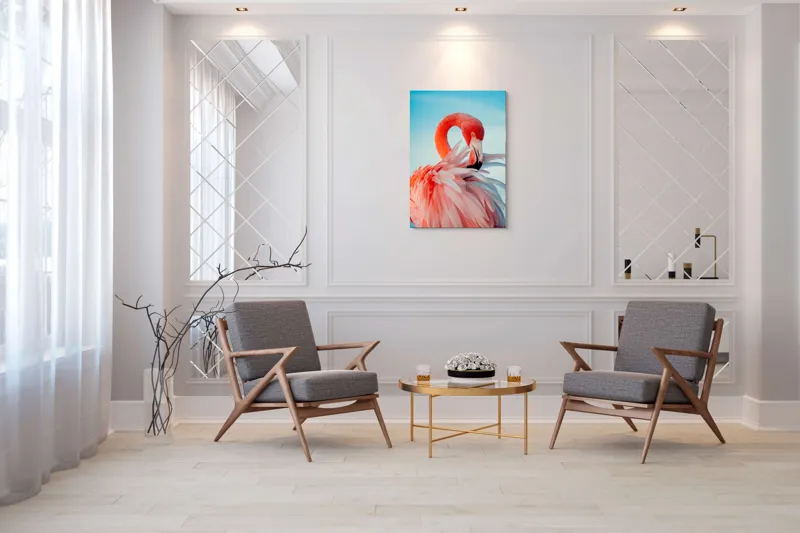Tablou Canvas, "Flamingo în oglinda apei albastre", Roz, Elegant, Delicat, Grațios, Strălucitor, Natură, Frumusețe, Contrast, Vibrant, Pene, Serenitate, 70 x 100 cm – poza 8