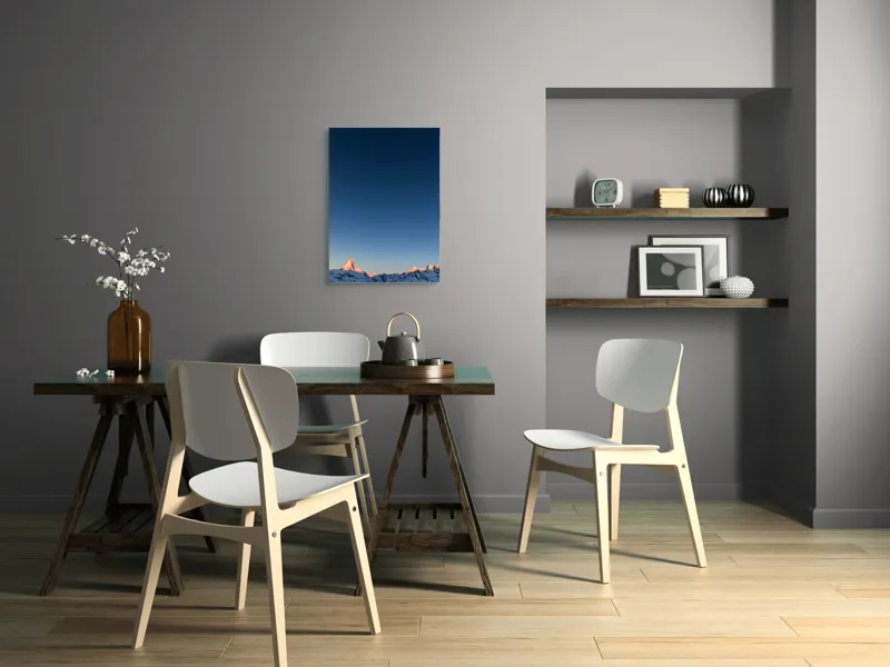 Tablou Canvas, "Strălucirea răsăritului peste vârfuri alpine", Munte, Cer, Albastru, Vârf, Zăpadă, Apus, Lumină, Peisaj, Tranquilitate, 50 x 70 cm – poza 5