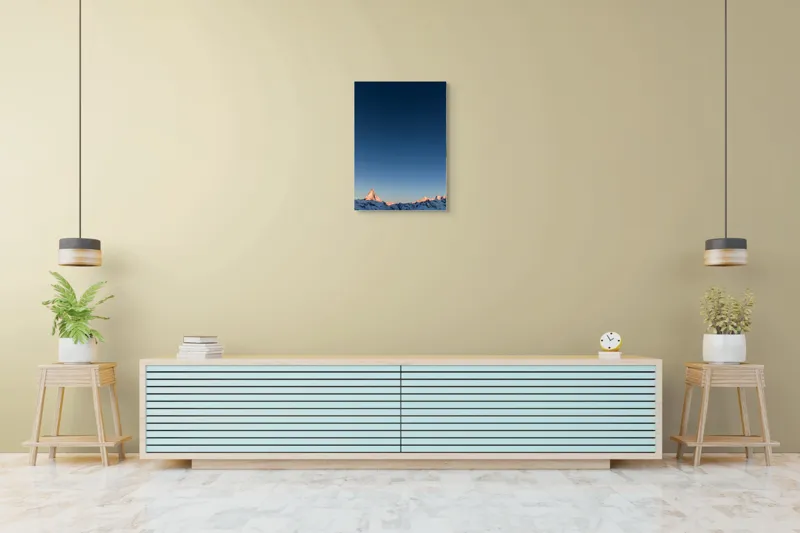 Tablou Canvas, "Strălucirea răsăritului peste vârfuri alpine", Munte, Cer, Albastru, Vârf, Zăpadă, Apus, Lumină, Peisaj, Tranquilitate, 50 x 70 cm – poza 6