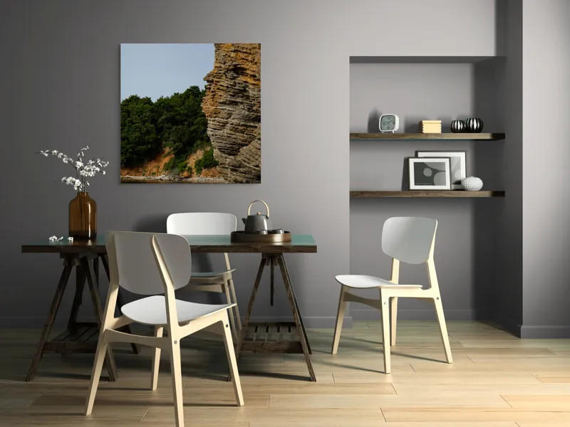 Tablou Canvas, "Colț de stâncă lângă pădure liniștită", Stâncă, Vegetație, Apă, Cer, Natură, Liniște, Texturi, 100 x 100 cm – poza 6