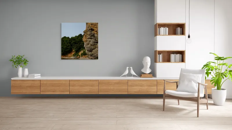 Tablou Canvas, "Colț de stâncă lângă pădure liniștită", Stâncă, Vegetație, Apă, Cer, Natură, Liniște, Texturi, 100 x 100 cm – poza 8