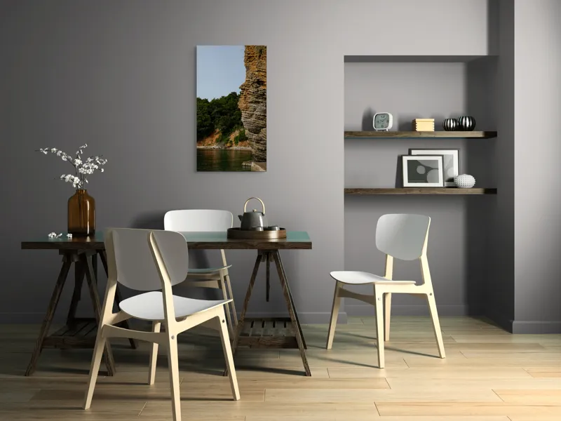 Tablou Canvas, "Colț de stâncă lângă pădure liniștită", Stâncă, Vegetație, Apă, Cer, Natură, Liniște, Texturi, 50 x 90 cm – poza 4