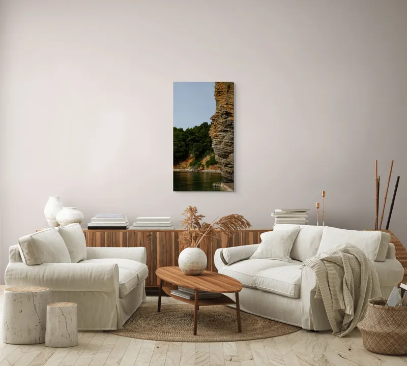 Tablou Canvas, "Colț de stâncă lângă pădure liniștită", Stâncă, Vegetație, Apă, Cer, Natură, Liniște, Texturi, 50 x 90 cm – poza 7