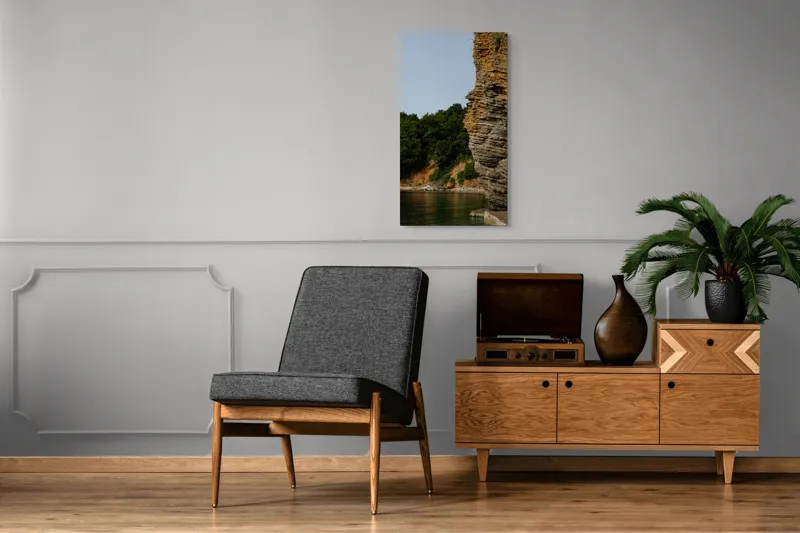 Tablou Canvas, "Colț de stâncă lângă pădure liniștită", Stâncă, Vegetație, Apă, Cer, Natură, Liniște, Texturi, 50 x 90 cm – poza 8