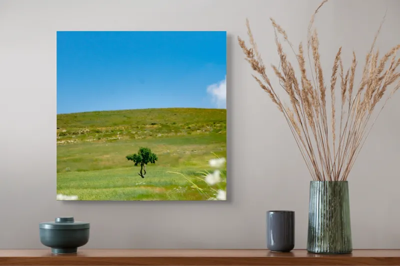 Tablou Canvas, "Copacul singuratic în câmp deschis", Copac, Solitar, Câmpie, Cer, Albastru, Verde, Peisaj, Tranquilitate, Linie, Orizont, Flori, Sălbăticie, 50 x 50 cm – poza 4