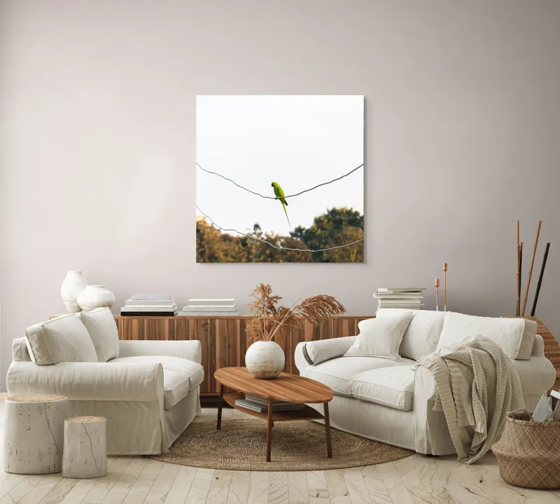Tablou Canvas, "Papagal pe fire sub cer senin", Verde, Papagal, Crengi, Cer, Natural, Solitar, Zbor, Pene, Linie, Fire, Peisaj, Păsărește, Aripi, Echilibru, Arbori, 100 x 100 cm – poza 3