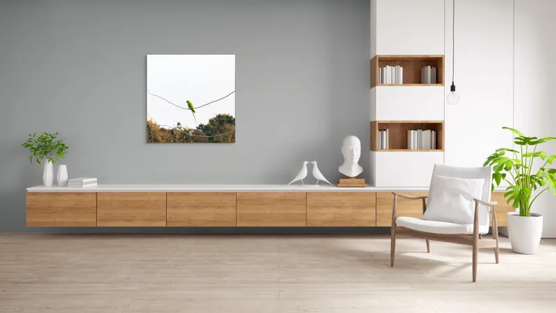 Tablou Canvas, "Papagal pe fire sub cer senin", Verde, Papagal, Crengi, Cer, Natural, Solitar, Zbor, Pene, Linie, Fire, Peisaj, Păsărește, Aripi, Echilibru, Arbori, 100 x 100 cm – poza 8
