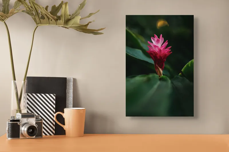 Tablou Canvas, "Floare exotică în amurg verde", Floare, Exotica, Roz, Frunze, Verde, Lumina, Mister, Contrast, Frumusete, Eleganta, 26 x 39 cm – poza 3
