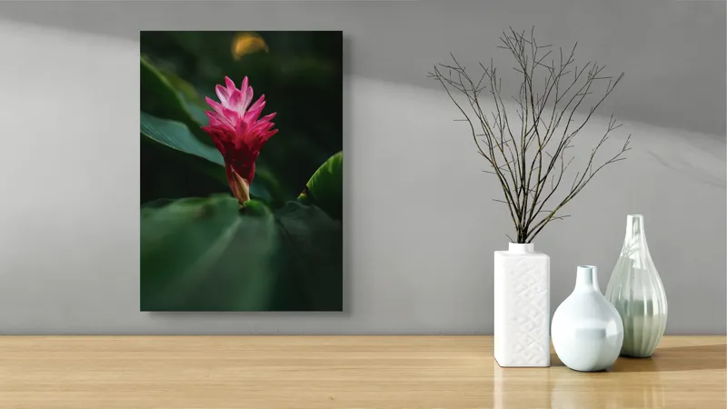 Tablou Canvas, "Floare exotică în amurg verde", Floare, Exotica, Roz, Frunze, Verde, Lumina, Mister, Contrast, Frumusete, Eleganta, 39 x 54 cm – poza 4