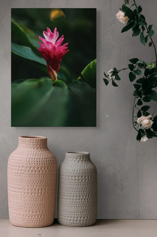 Tablou Canvas, "Floare exotică în amurg verde", Floare, Exotica, Roz, Frunze, Verde, Lumina, Mister, Contrast, Frumusete, Eleganta, 39 x 54 cm – poza 6