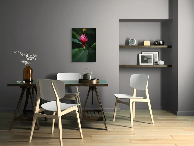 Tablou Canvas, "Floare exotică în amurg verde", Floare, Exotica, Roz, Frunze, Verde, Lumina, Mister, Contrast, Frumusete, Eleganta, 50 x 70 cm – poza 5