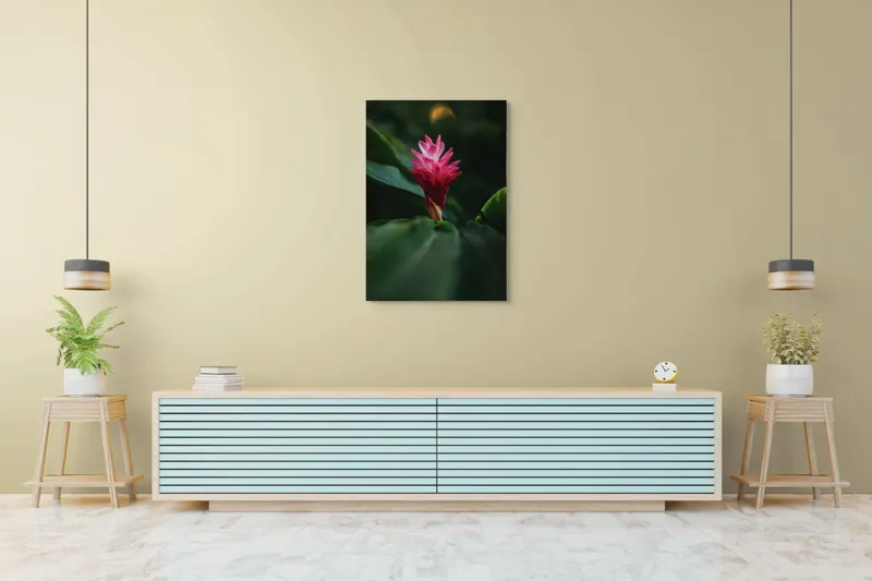 Tablou Canvas, "Floare exotică în amurg verde", Floare, Exotica, Roz, Frunze, Verde, Lumina, Mister, Contrast, Frumusete, Eleganta, 70 x 100 cm – poza 5
