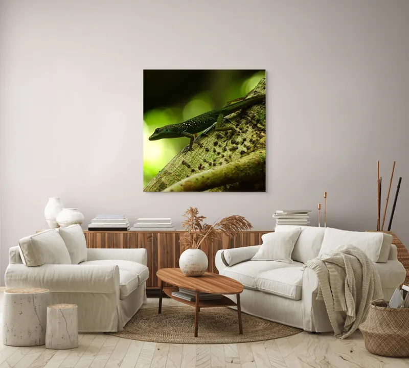 Tablou Canvas, "Șopârla verde pe trunchiul copacului", 100 x 100 cm – poza 3