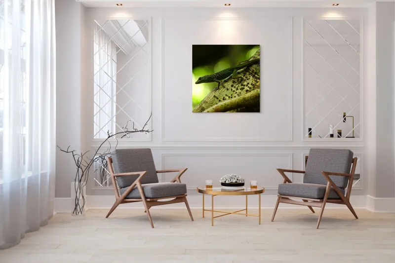 Tablou Canvas, "Șopârla verde pe trunchiul copacului", 100 x 100 cm – poza 7