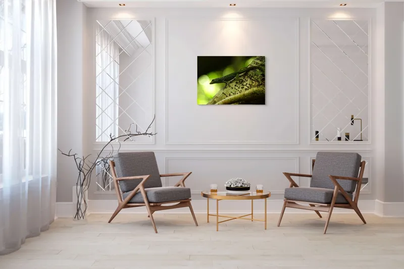 Tablou Canvas, "Șopârla verde pe trunchiul copacului", 100 x 70 cm – poza 5