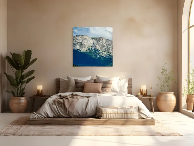Tablou Canvas, "Carpații în lumina dimineții târzii", Vârf, Piatră, Vegetație, Cer, Nor, Pădure, Umbre, Peisaj, Alpin, Rugozitate, 100 x 100 cm – poza 4
