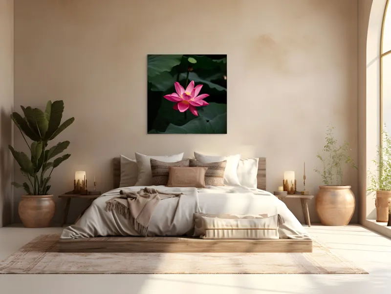 Tablou Canvas, "Floare de lotus în lumină blândă", Floare, Lotus, Roz, Frunze, Verde, Natură, Eleganță, Frumusețe, 100 x 100 cm – poza 4