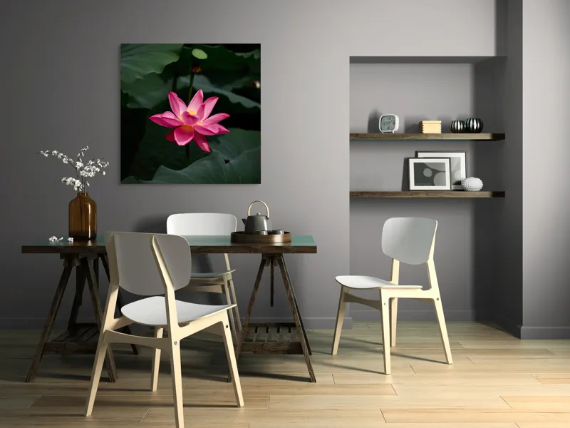 Tablou Canvas, "Floare de lotus în lumină blândă", Floare, Lotus, Roz, Frunze, Verde, Natură, Eleganță, Frumusețe, 100 x 100 cm – poza 6