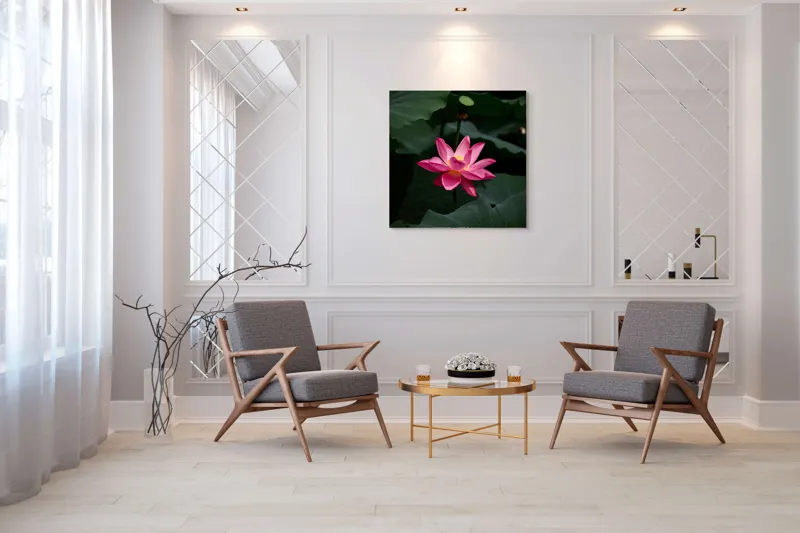 Tablou Canvas, "Floare de lotus în lumină blândă", Floare, Lotus, Roz, Frunze, Verde, Natură, Eleganță, Frumusețe, 100 x 100 cm – poza 7