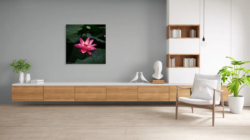 Tablou Canvas, "Floare de lotus în lumină blândă", Floare, Lotus, Roz, Frunze, Verde, Natură, Eleganță, Frumusețe, 100 x 100 cm – poza 8