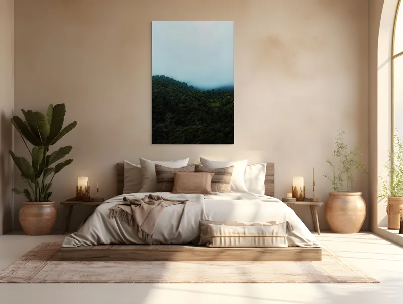 Tablou Canvas, "Ceața se lasă peste pădure", Pădure, Ceață, Dealuri, Verdeață, Mister, Liniște, Natură, Umbre, Contemplare, Tihnă, 100 x 150 cm – poza 3