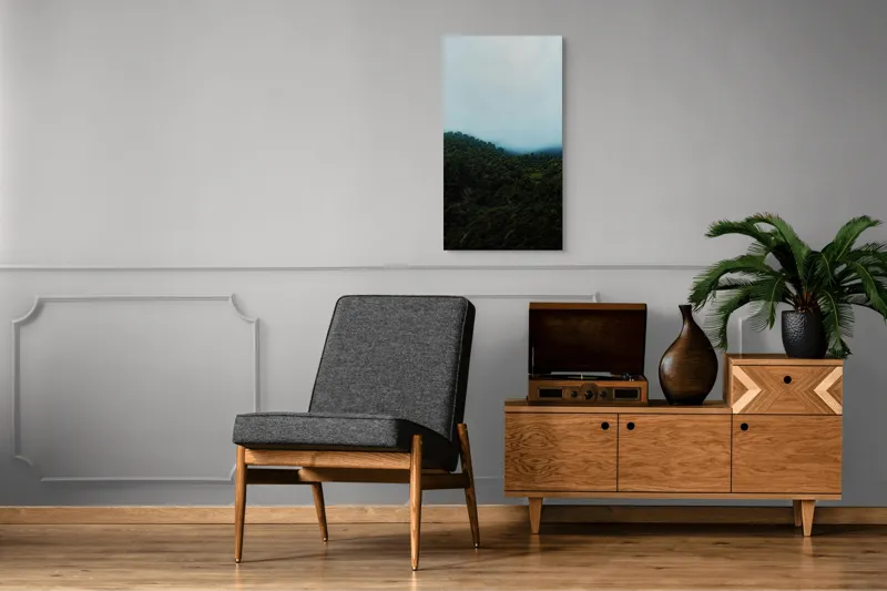 Tablou Canvas, "Ceața se lasă peste pădure", Pădure, Ceață, Dealuri, Verdeață, Mister, Liniște, Natură, Umbre, Contemplare, Tihnă, 50 x 90 cm – poza 8