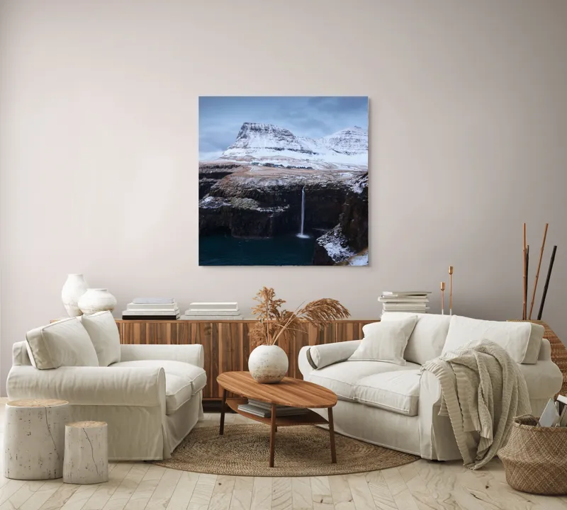 Tablou Canvas, "Cascada în peisajul înghețat de munte", 100 x 100 cm – poza 3