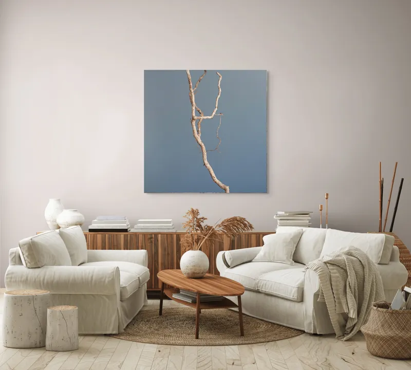 Tablou Canvas, "Dansul crengii sub cer senin", Răsucire, Minimalism, Natură, Textură, Simplitate, Contrast, Subtilitate, Eleganță, 100 x 100 cm – poza 3