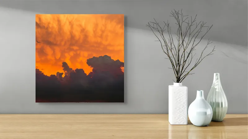 Tablou Canvas, "Apus de soare printre nori dramatici", Nor, Apus, Cer, Lumina, Umbră, Magnific, Dramatic, Cald, Textură, 50 x 50 cm – poza 3