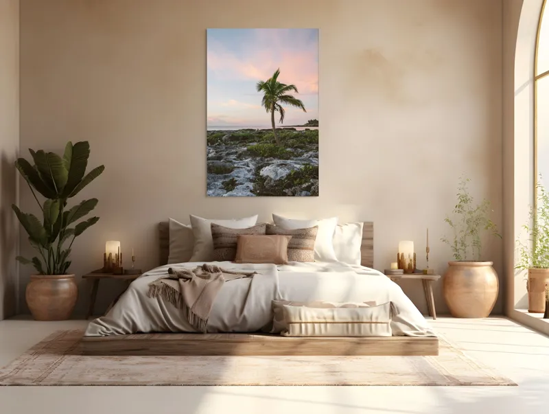 Tablou Canvas, "Singuraticul palmier pe țărm stâncos", Palmier, Apus, Cer, Ocean, Stânci, Vegetație, Tranquilitate, Romanticism, 100 x 150 cm – poza 3