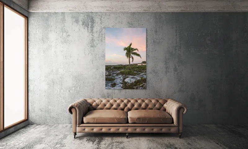 Tablou Canvas, "Singuraticul palmier pe țărm stâncos", Palmier, Apus, Cer, Ocean, Stânci, Vegetație, Tranquilitate, Romanticism, 100 x 150 cm – poza 6